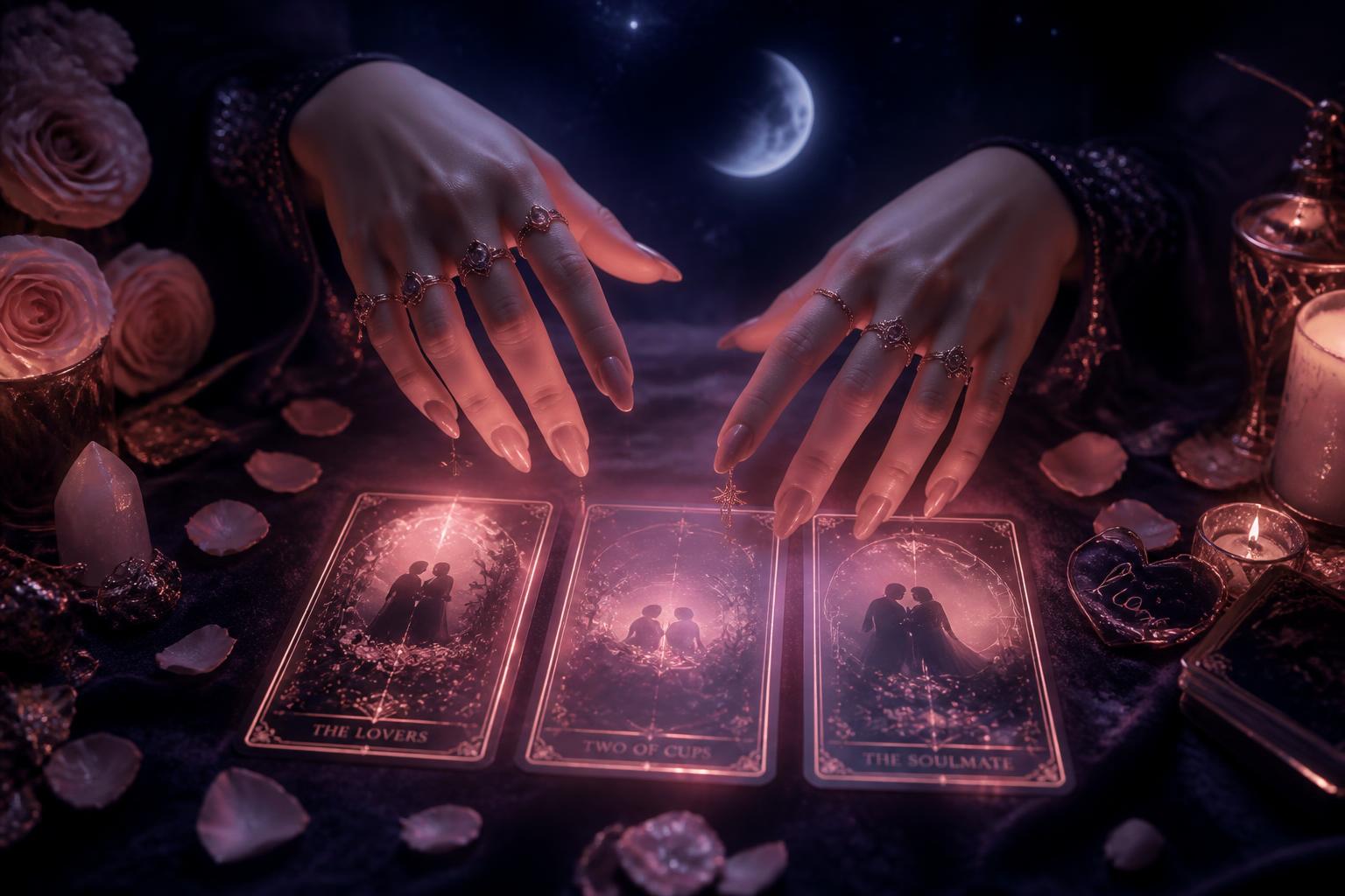 Hands opening a love tarot card reading by candlelight under a crescent moon